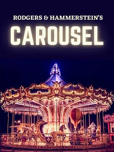 A carousel with lights and people on it.