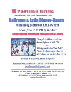 A flyer for the pavilion grille 's ballroom and latin dinner dance.