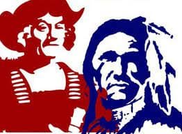 A red and blue drawing of two native americans.