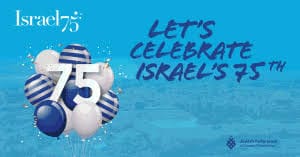 A banner with balloons and the words " let 's celebrate israel 's 5 0 th birthday ".