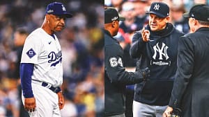 Two photos of baseball players talking to each other.