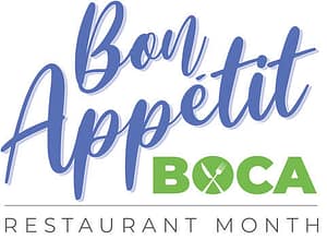 A restaurant logo with the words " bon appetit boca restaurant month ".