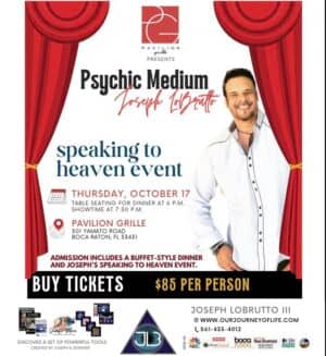 A poster for psychic medium joseph brote 's speaking to heaven event.