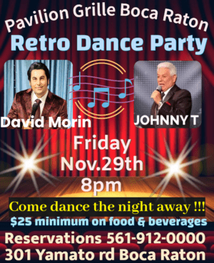 A poster for the retro dance party with two men.