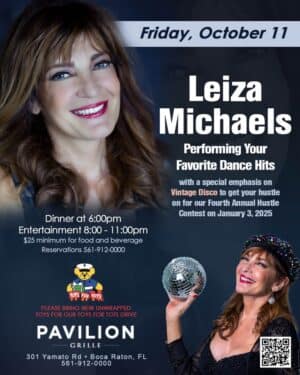 A poster of leiza michaels performing her favorite dance hits.