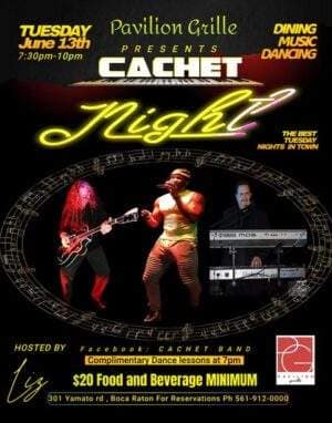 A poster of cachet night with two men performing.