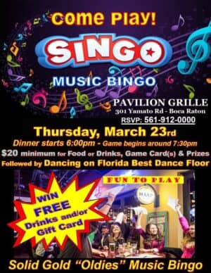 A flyer for a bingo event with the words " sing music bingo pavilion grille ".