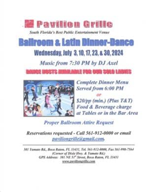 A flyer for the pavilion grille 's ballroom and latin dinner dance.