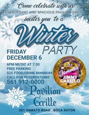 A flyer for a winter party with snowflakes and snow.