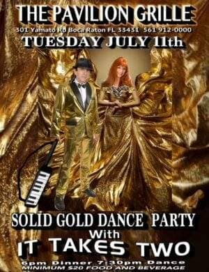 A poster for the gold dance party with two people dressed in gold.