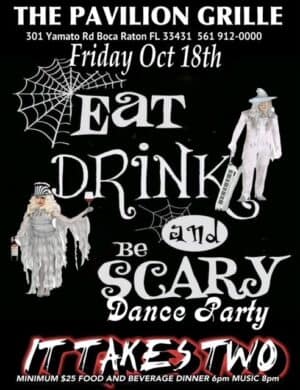 A poster for an eat drink and be scary dance party.