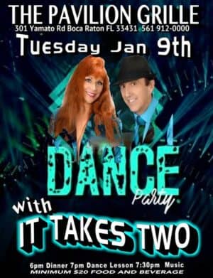 A poster for a dance party with it takes two.