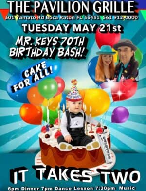 A poster for a birthday party with balloons and cake.