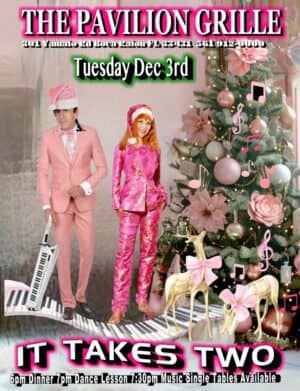 A poster of two people dressed in pink and standing next to a christmas tree.