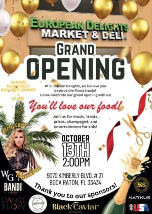 A poster advertising the grand opening of a market and deli.