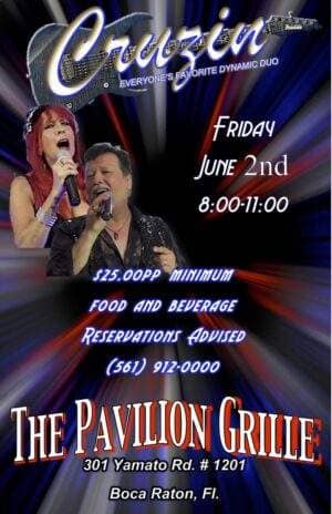 A poster of the pavilion grill with a man and woman singing.