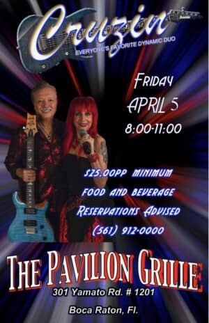 A poster of the pavilion group with two people holding guitars.